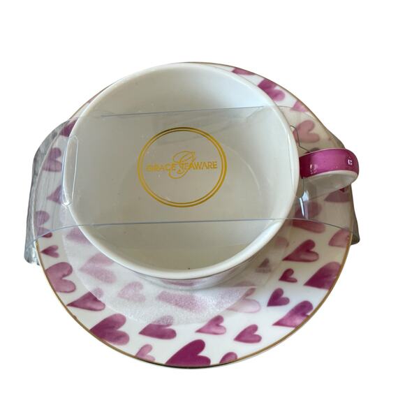 Grace Teaware Teacup & Saucer Pink & Purple Hearts Valentine's Day New - Picture 4 of 16